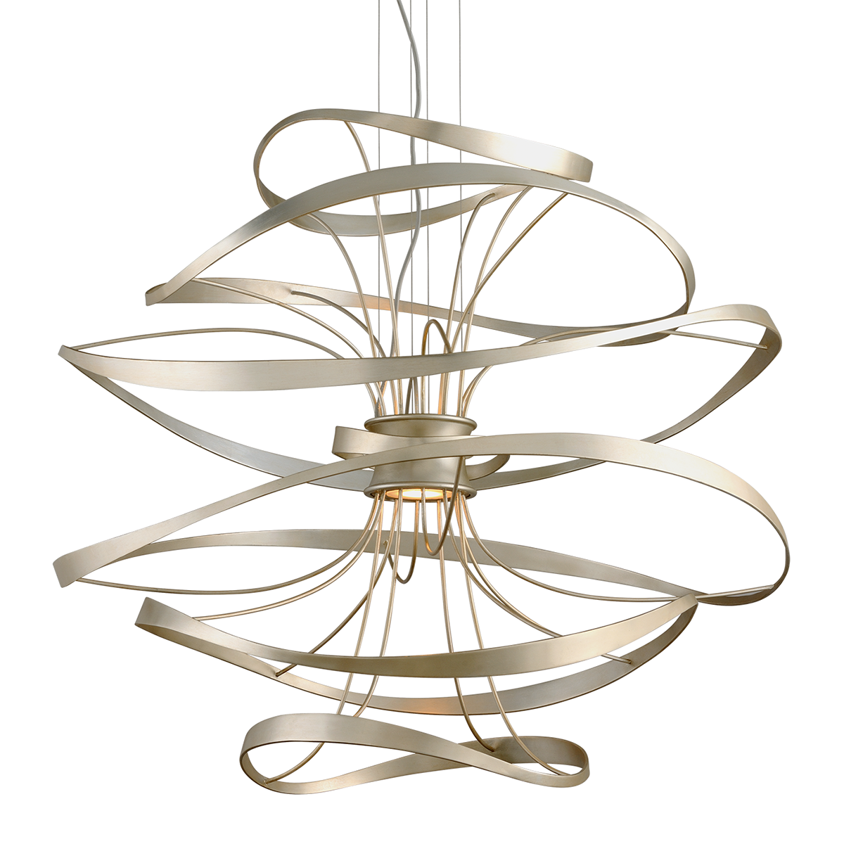 Calligraphy Chandelier 42" x 38.5" in Silver Leaf and Stainless Steel — a Corbett chandelier for dining rooms, entries, and living rooms at Laurie Yapp Home.