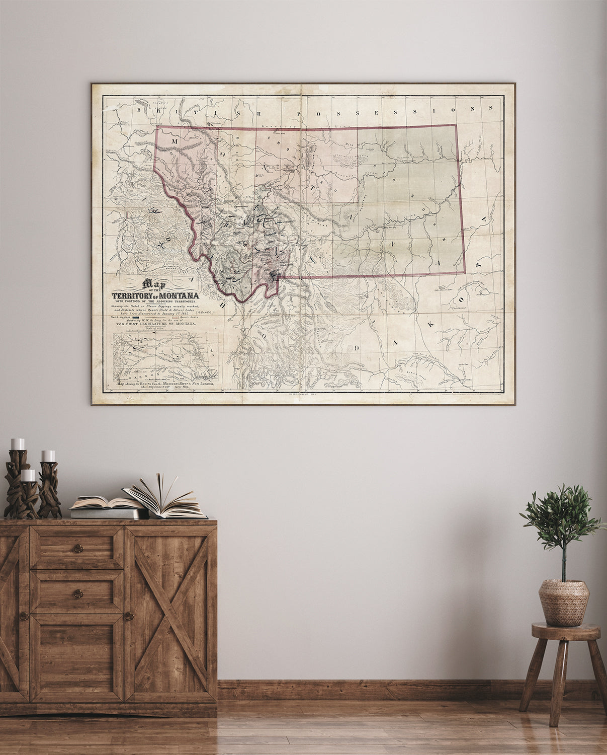 Map - Territory of Montana, 1865 — architecture and travel fine art print in neutral tones at Laurie Yapp Home