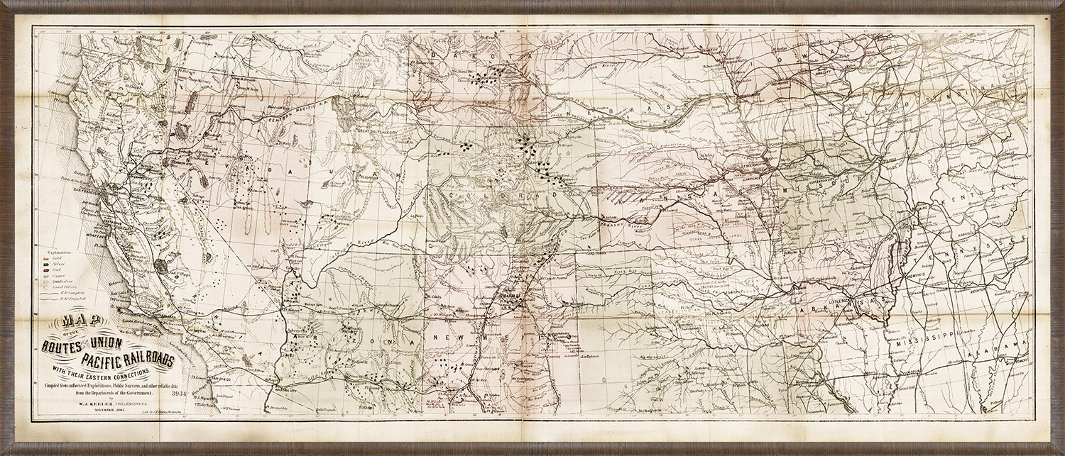 Map - Union Pacific Railroads, 1867 — architecture and travel fine art print in neutral tones at Laurie Yapp Home