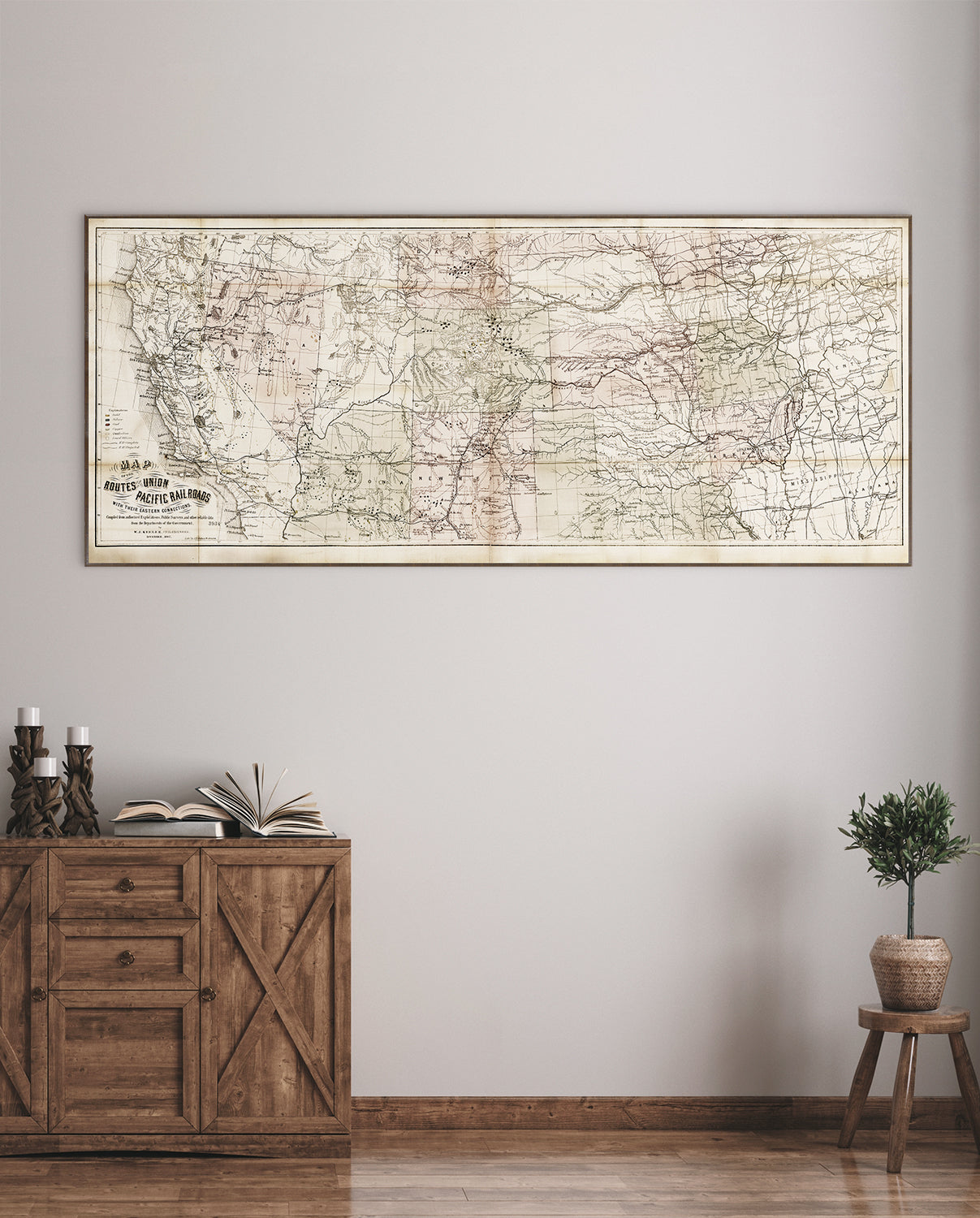 angle view of Map - Union Pacific Railroads, 1867 luxury Artwork
