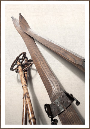 Vintage Ski Equipment — figurative fine art print in neutral tones at Laurie Yapp Home