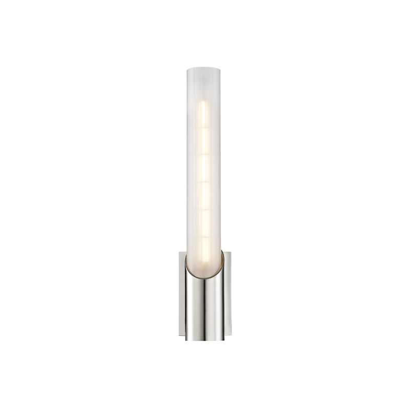 Pylon Wall Sconce 2.75" x 13.75" in polished nickel shown from the front to reveal the arm curve and shade silhouette.