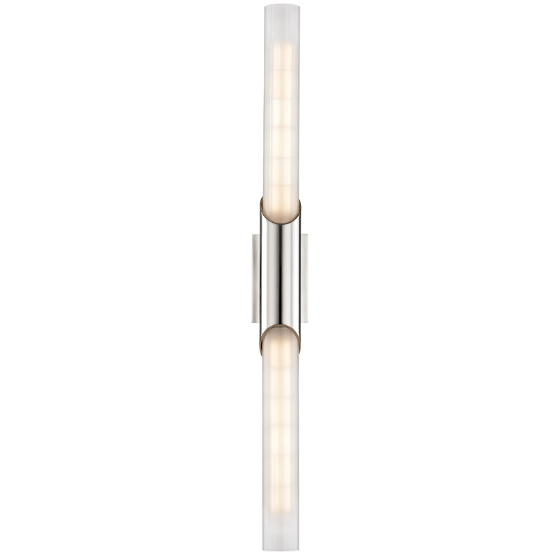 Pylon Wall Sconce 2.75" x 26.25" in polished nickel shown from the front to reveal the arm curve and shade silhouette.