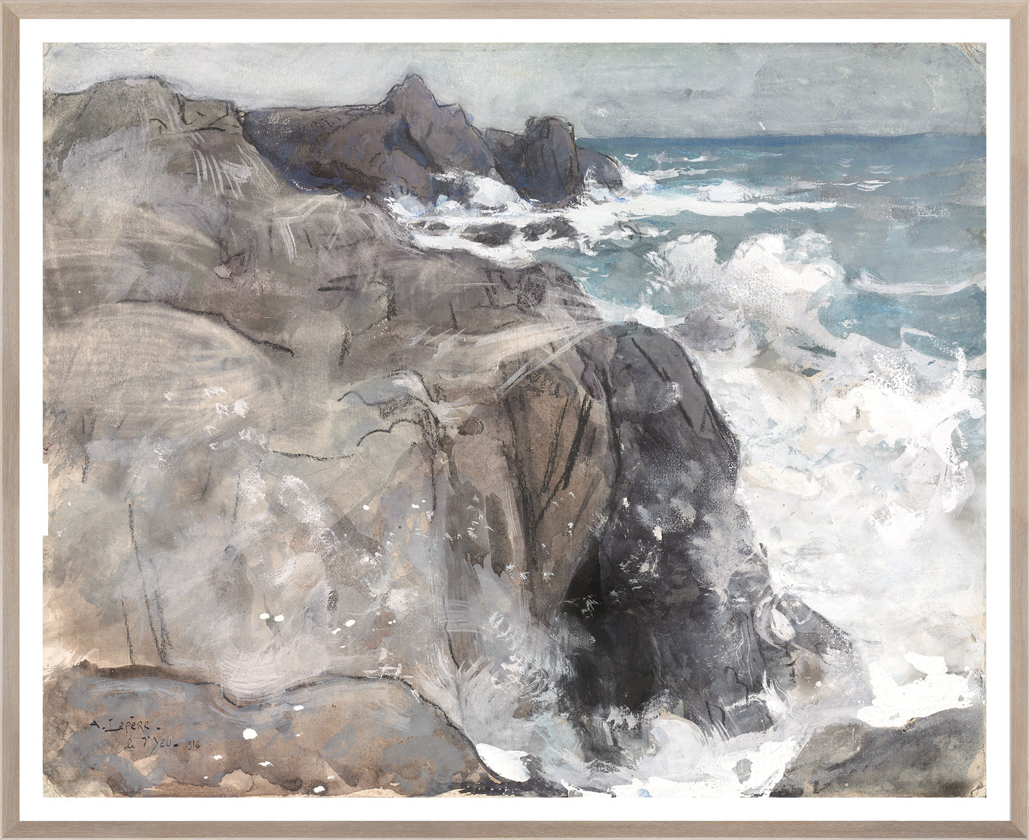 Storm On The Island Of Yeu, 1916, features rocky cliffs with crashing waves, in muted gray and blue tones.
