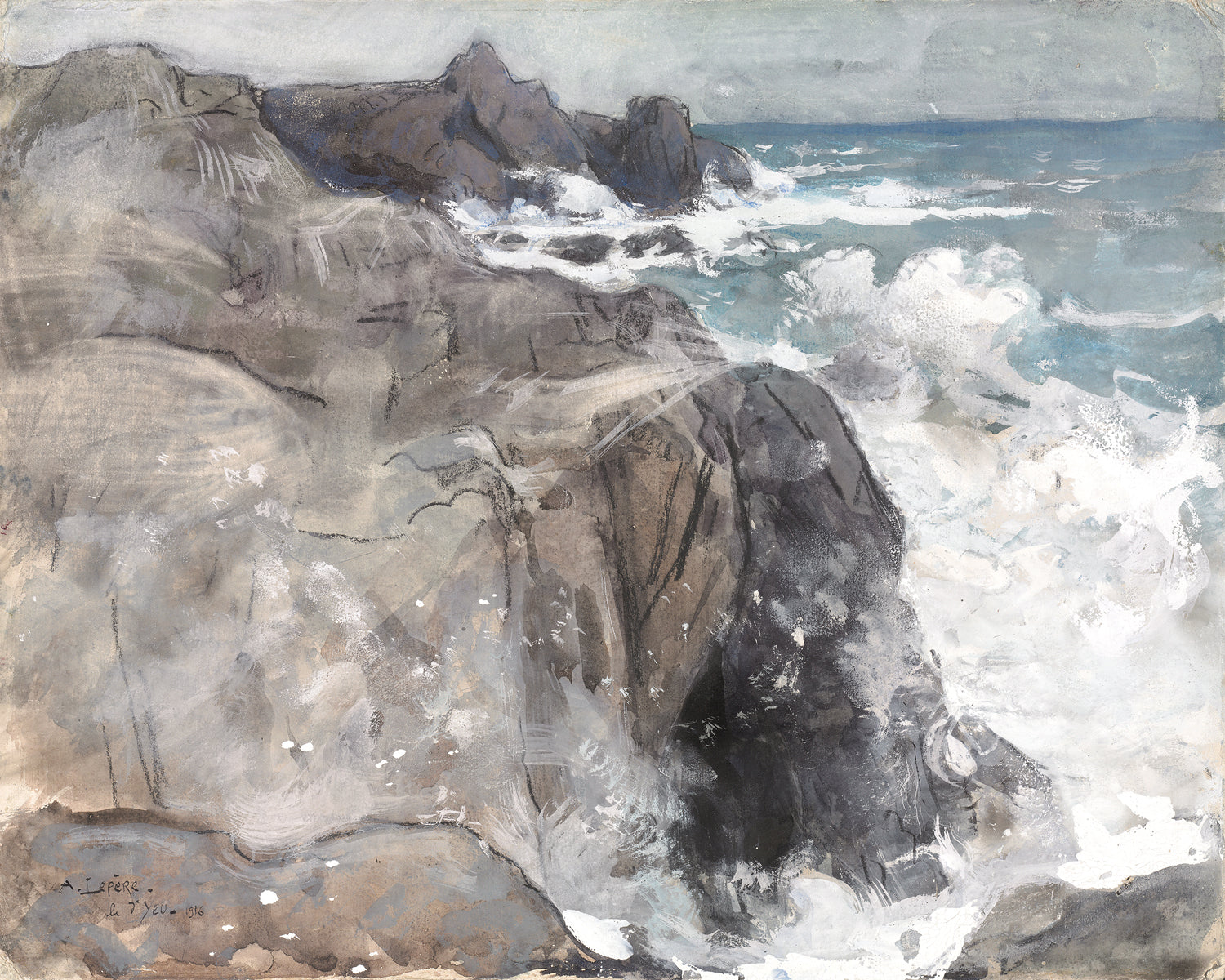 Storm On The Island Of Yeu, 1916, features rocky cliffs with crashing waves, in muted gray and blue tones.