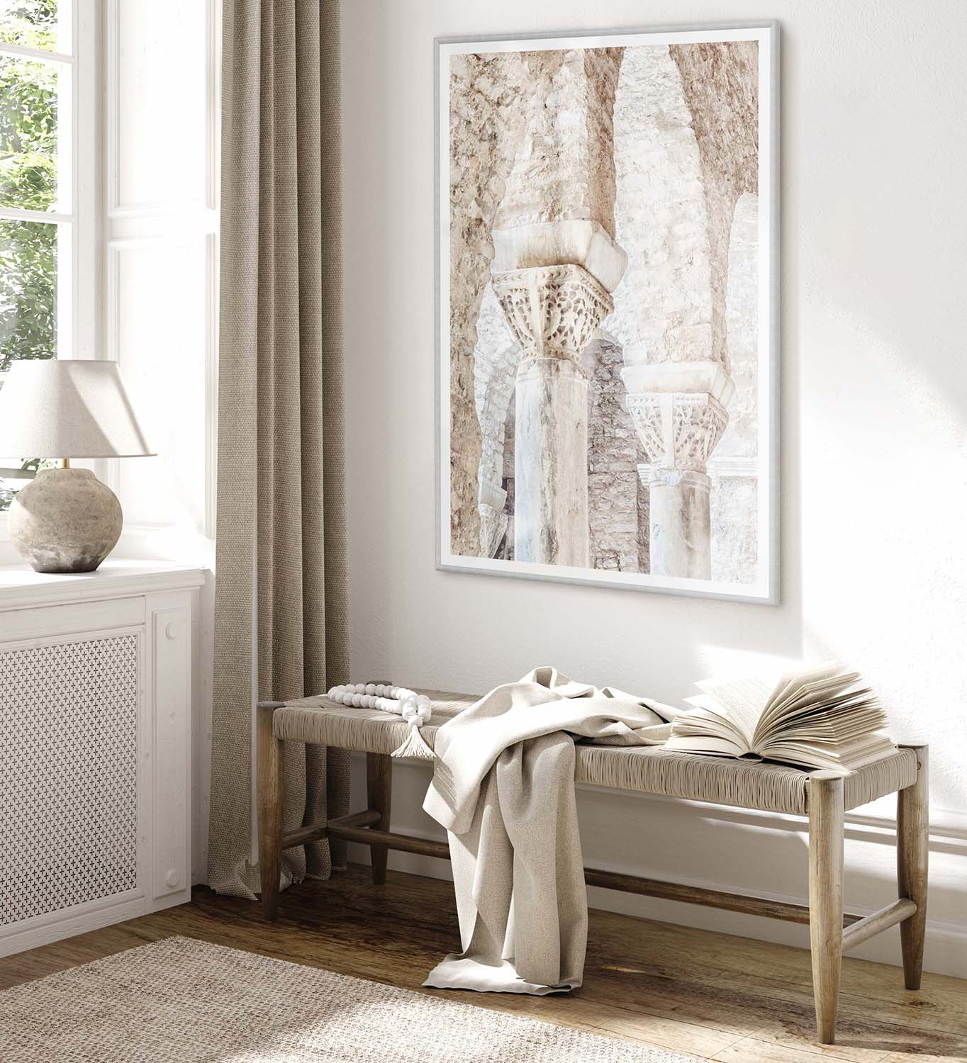Masonry wall art displayed in a bright room with a wooden bench and decor.