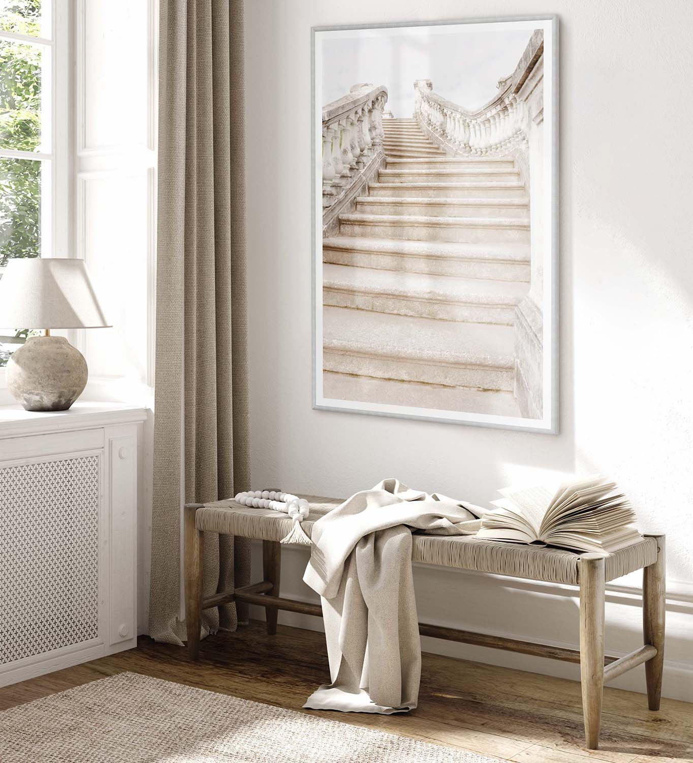 Masonry wall art displayed in a living room, featuring a staircase from Petergof Park, Russia.