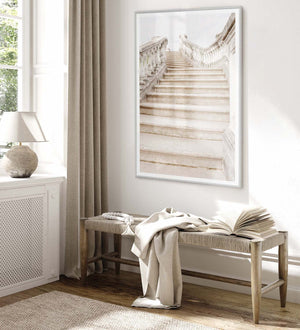 Masonry wall art displayed in a living room, featuring a staircase from Petergof Park, Russia.