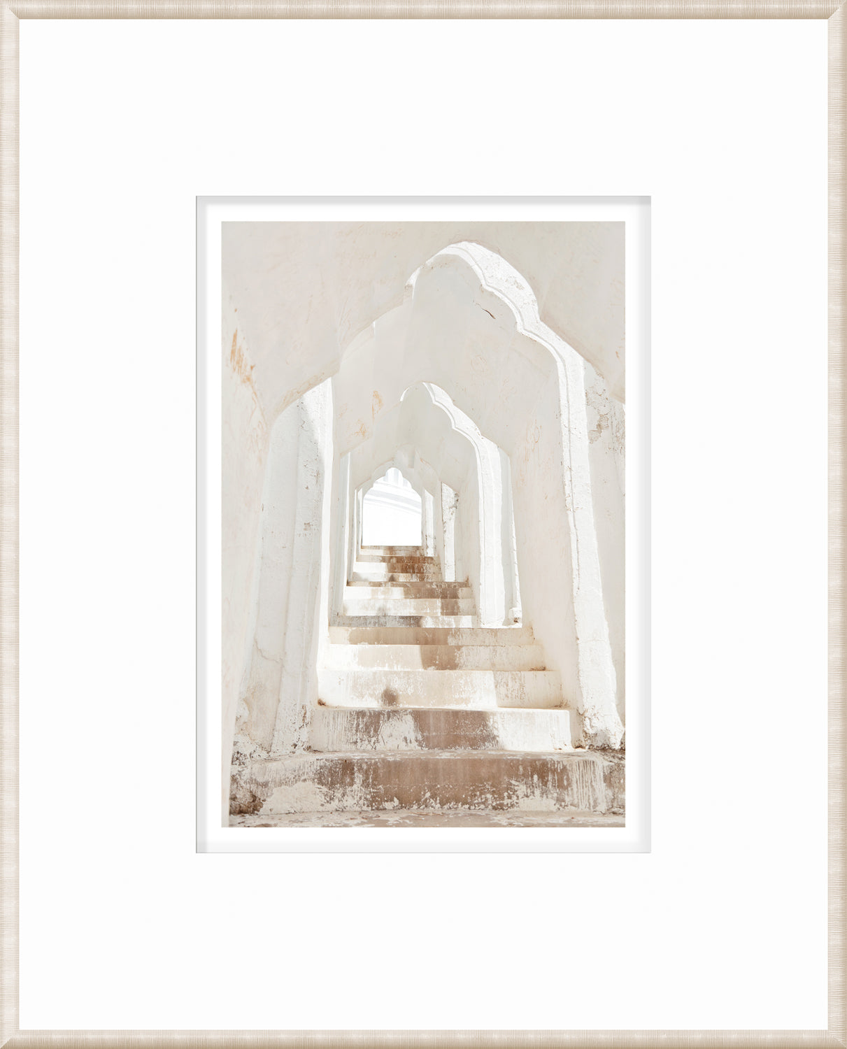 Masonry – White Pagoda, Myanmar wall art showcasing white arches and steps.