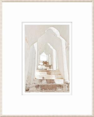 Masonry – White Pagoda, Myanmar wall art showcasing white arches and steps.