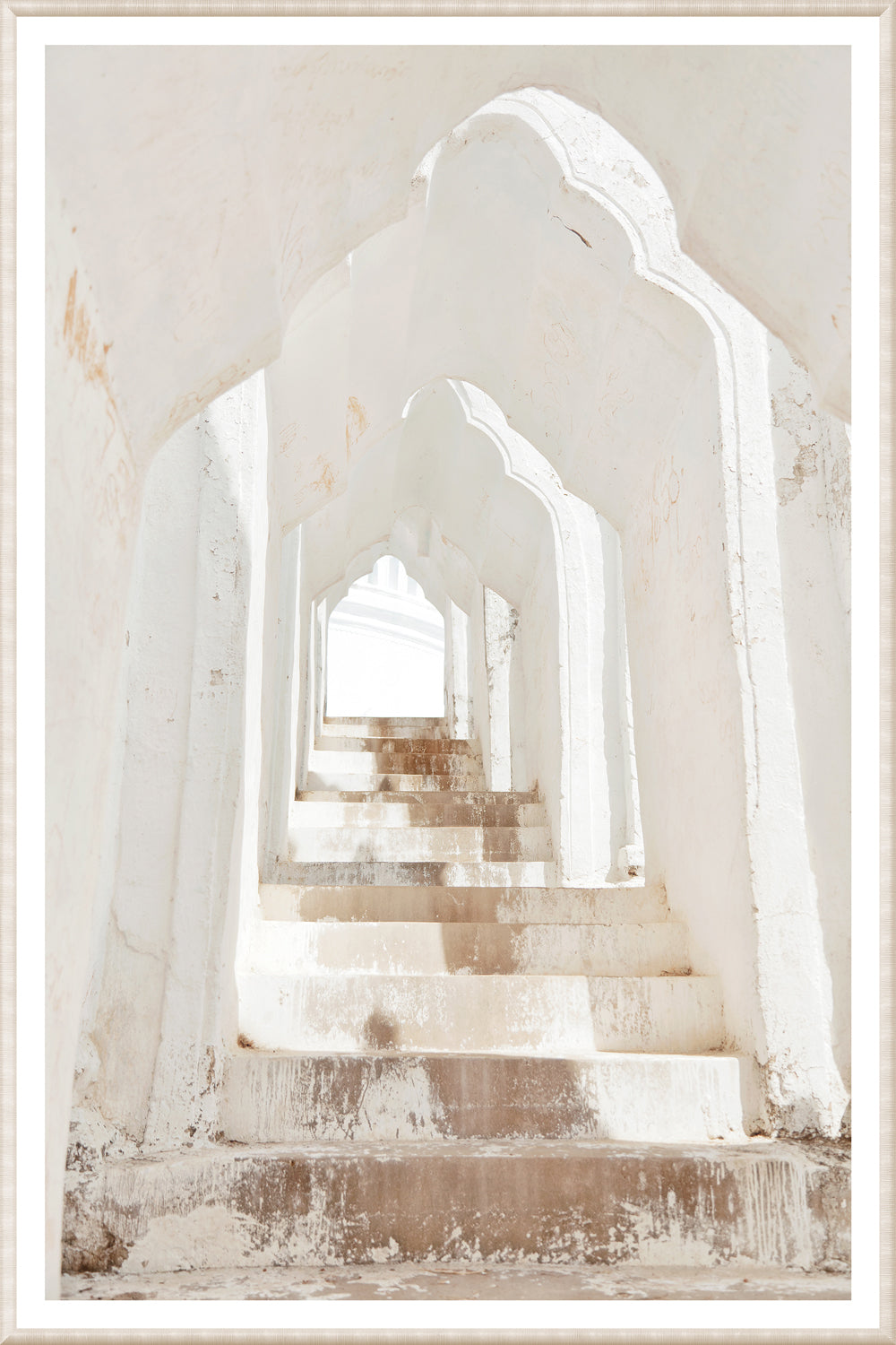 Masonry – White Pagoda, Myanmar wall art featuring white arches and stairs.