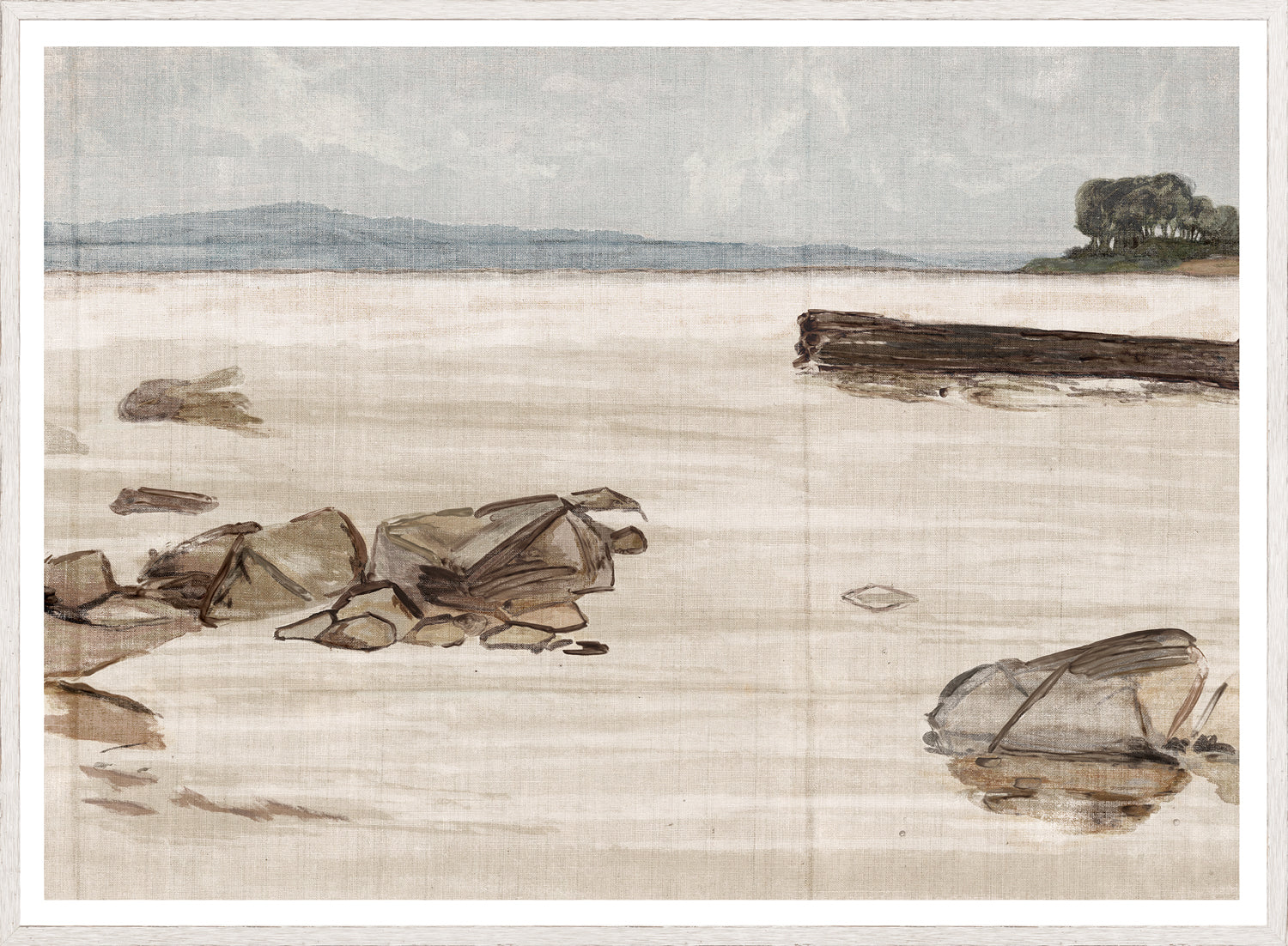 Ébauche Sketch, C. 1884 depicting a serene landscape with rocks in water, soft earth tones, and a distant horizon.