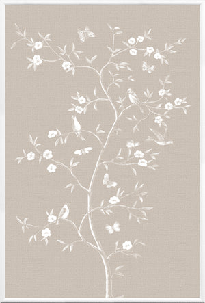 Linen Sanctuary I wall art featuring a floral and bird design on a beige background