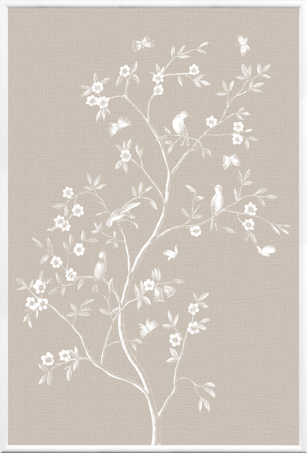 Linen Sanctuary II wall art featuring white birds and flowers on a beige background