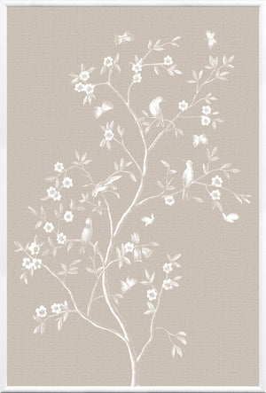 Linen Sanctuary II wall art featuring white birds and flowers on a beige background