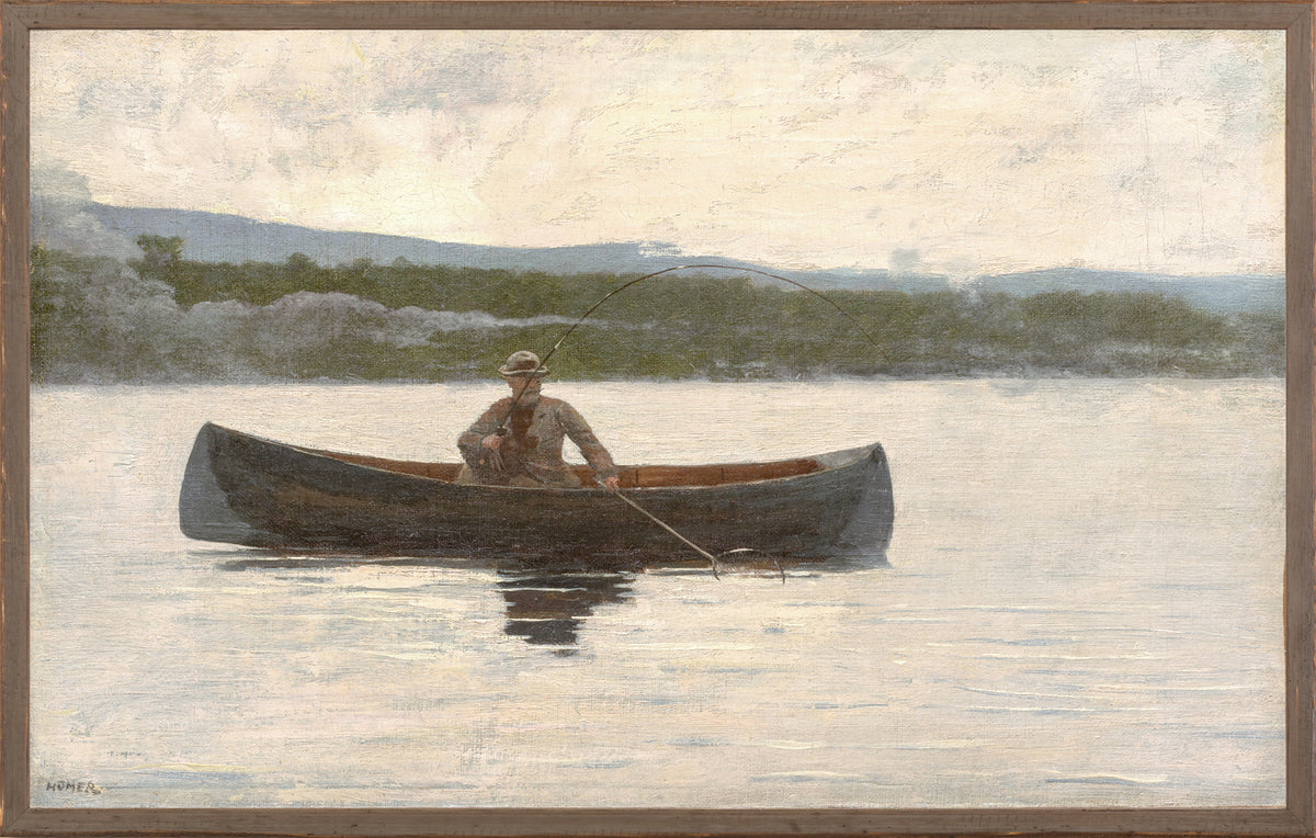Northern Collection – Playing a Fish C. 1875, a man fishing in a canoe on a calm lake, soft colors