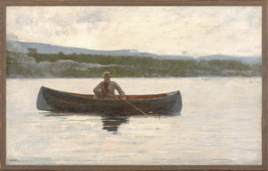 Northern Collection – Playing a Fish C. 1875, a man fishing in a canoe on a calm lake, soft colors