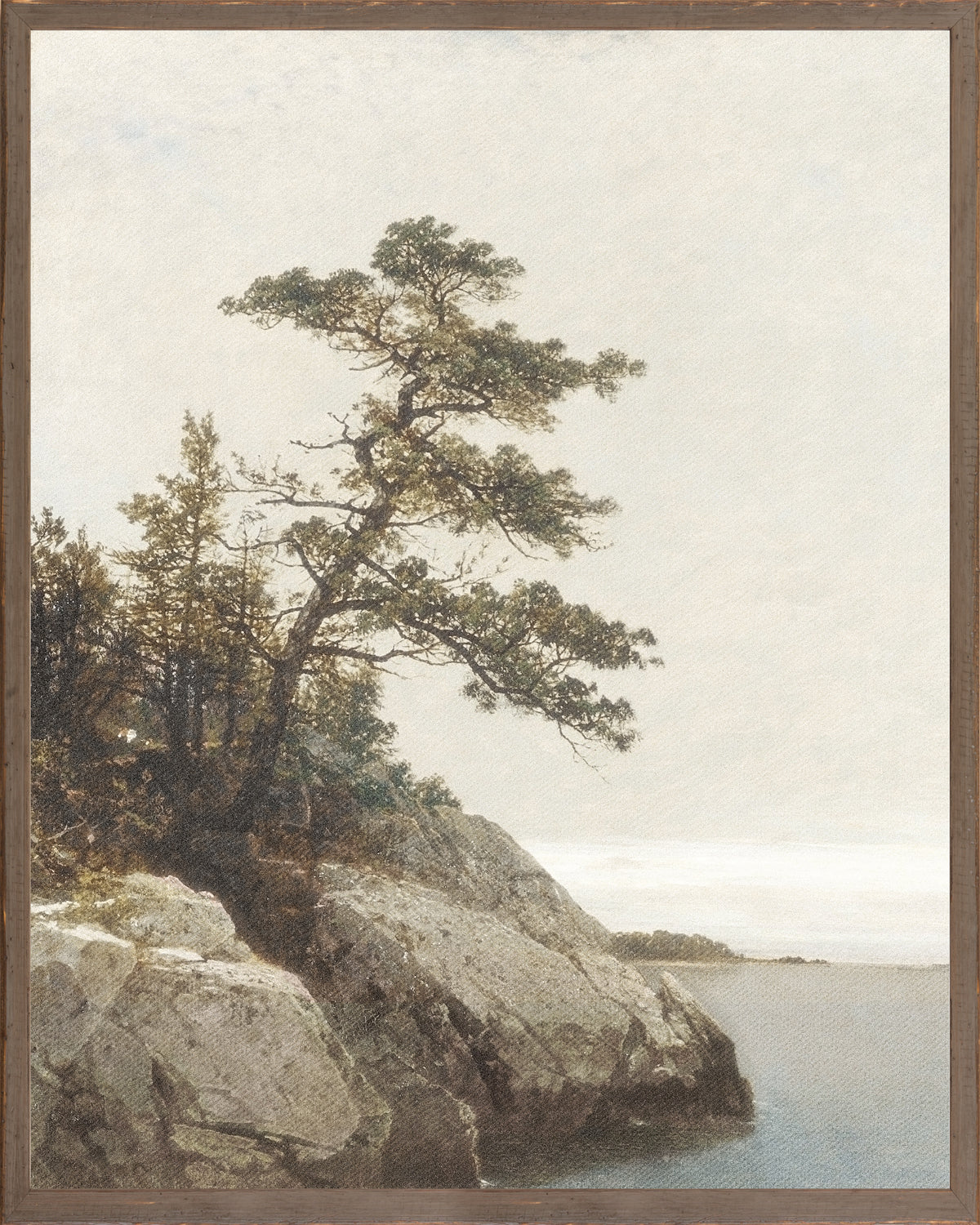 Northern Collection – The Old Pine C. 1872 wall art featuring a tree by the water, framed in wood.