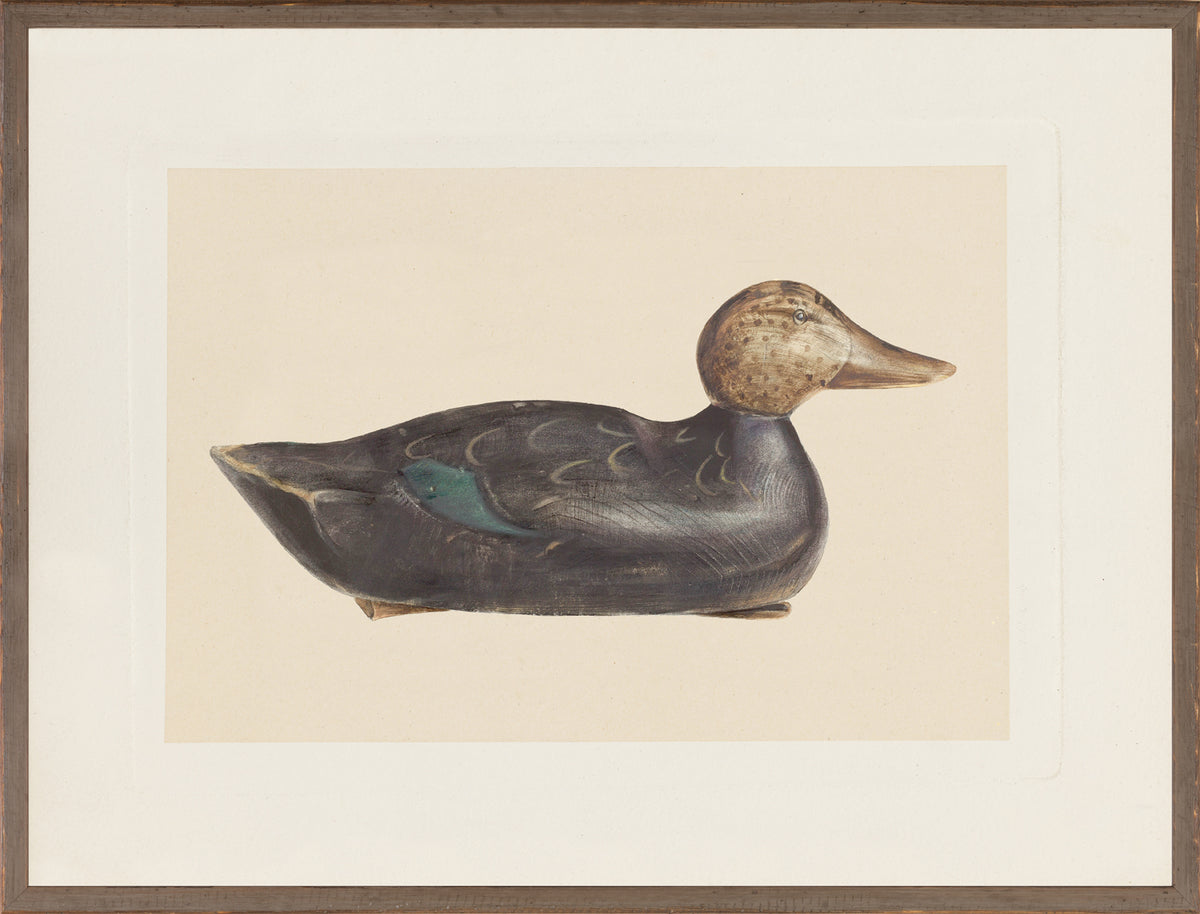 Northern Collection – Decoy C. 1940 wall art featuring a carved duck in dark wood with green accents.