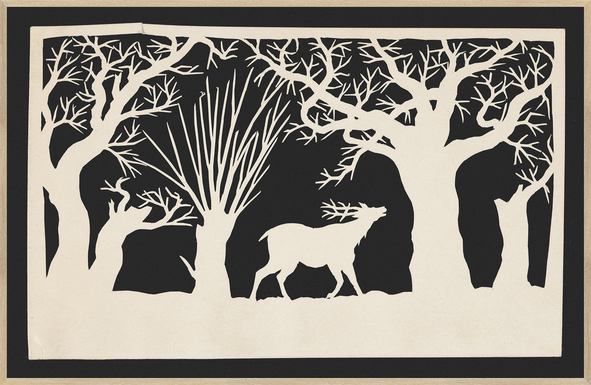 Cut Out – A Stag Among Trees C. 1850 wall art featuring a stag silhouette among trees in black and cream.