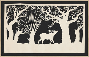 Cut Out – A Stag Among Trees C. 1850 wall art featuring a stag silhouette among trees in black and cream.