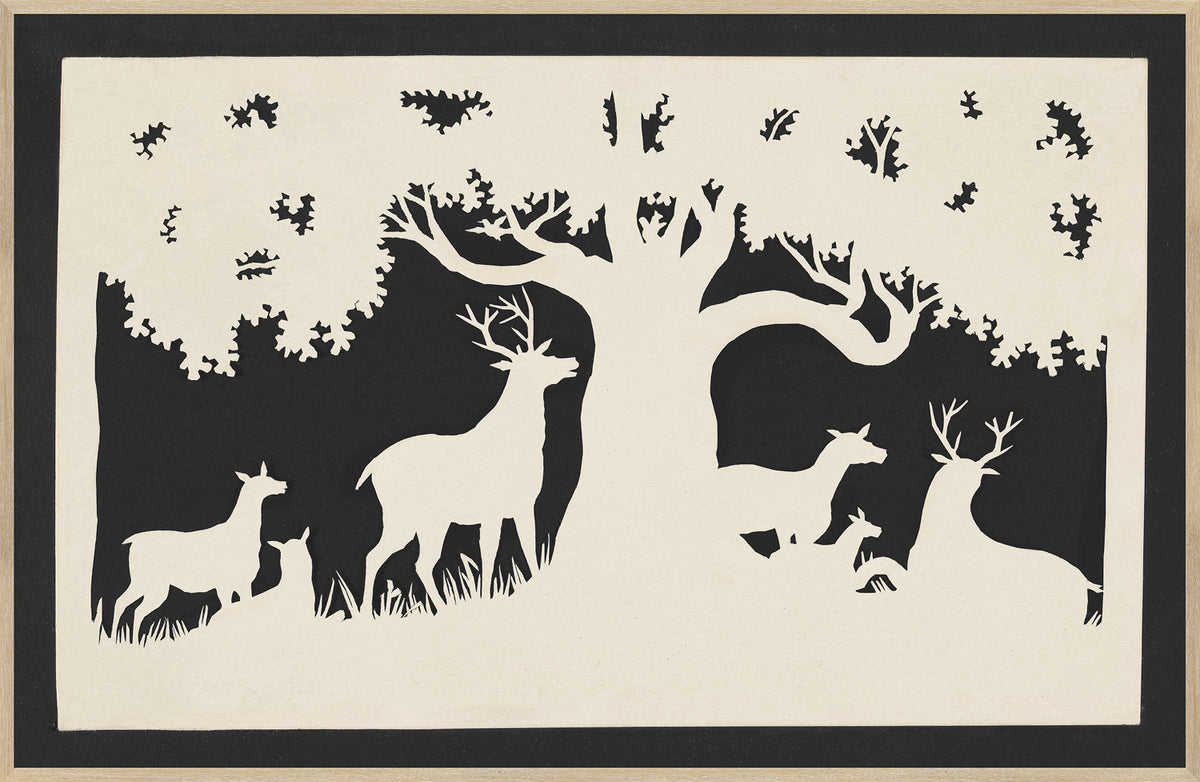 Cut Out – Deer Under a Large Tree C. 1850 wall art featuring deer silhouettes and a large tree.