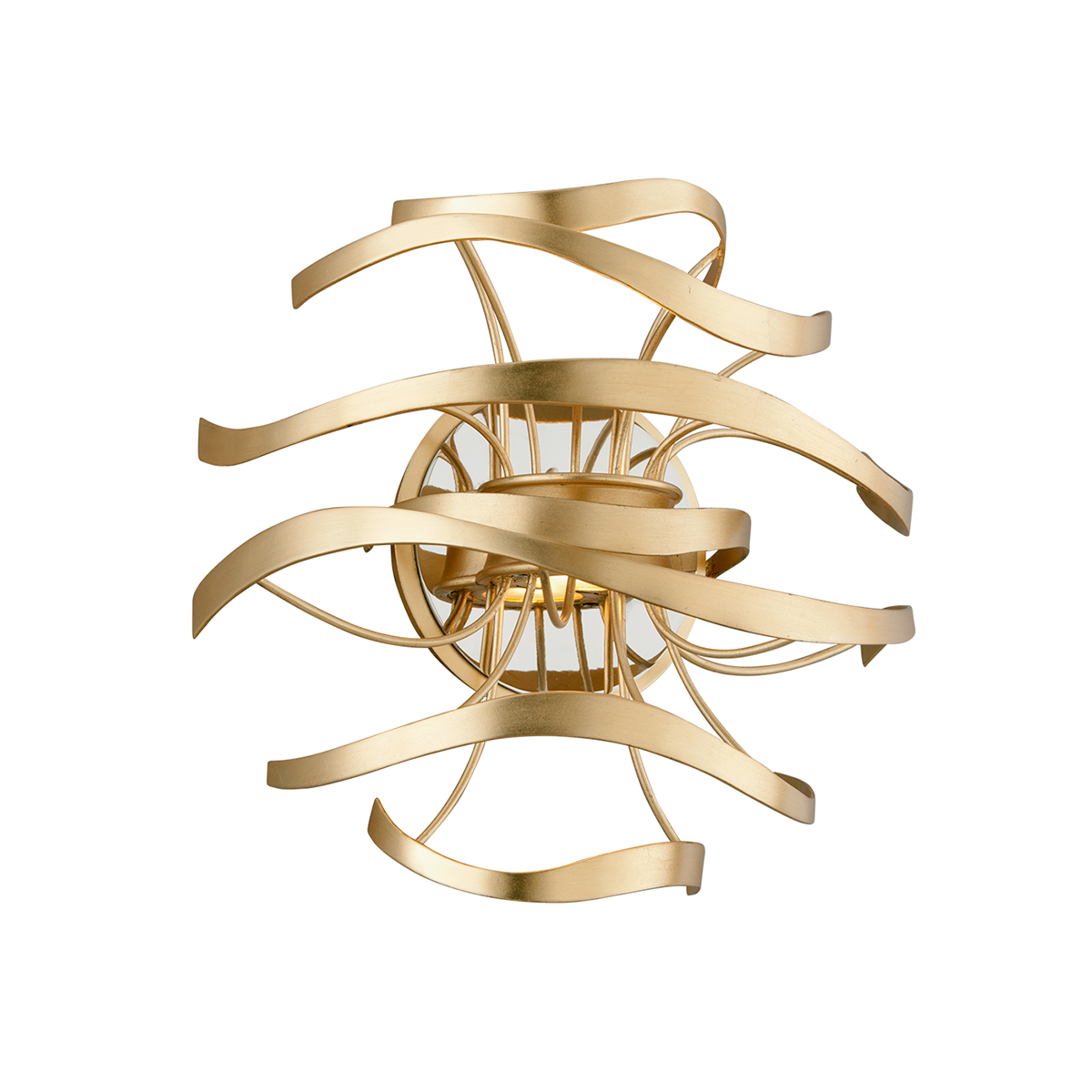 Calligraphy Wall Sconce 12" x 12" in Gold Leaf and Stainless Steel — a Corbett wall sconce for bathrooms, hallways, and living rooms at Laurie Yapp Home.