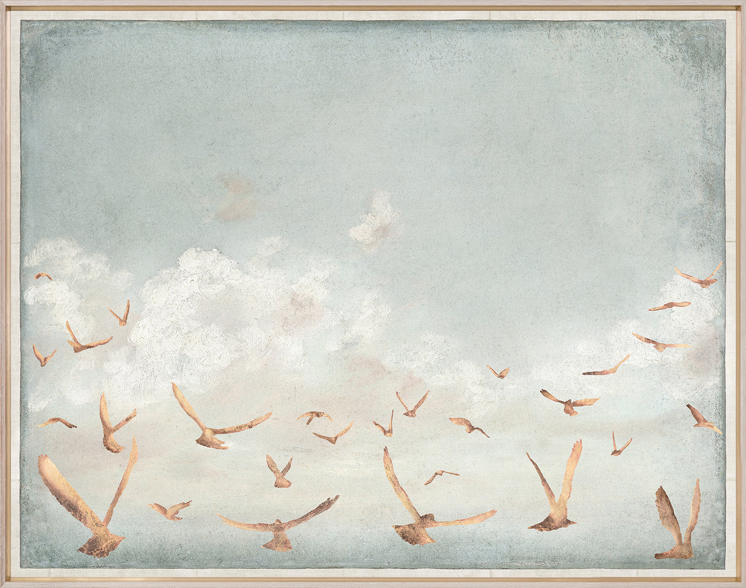 Golden Flight C. 1822 wall art featuring birds in flight against a soft blue sky with clouds.