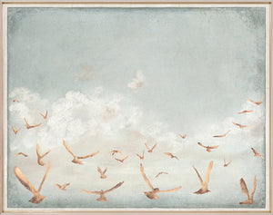 Golden Flight C. 1822 wall art featuring birds in flight against a soft blue sky with clouds.