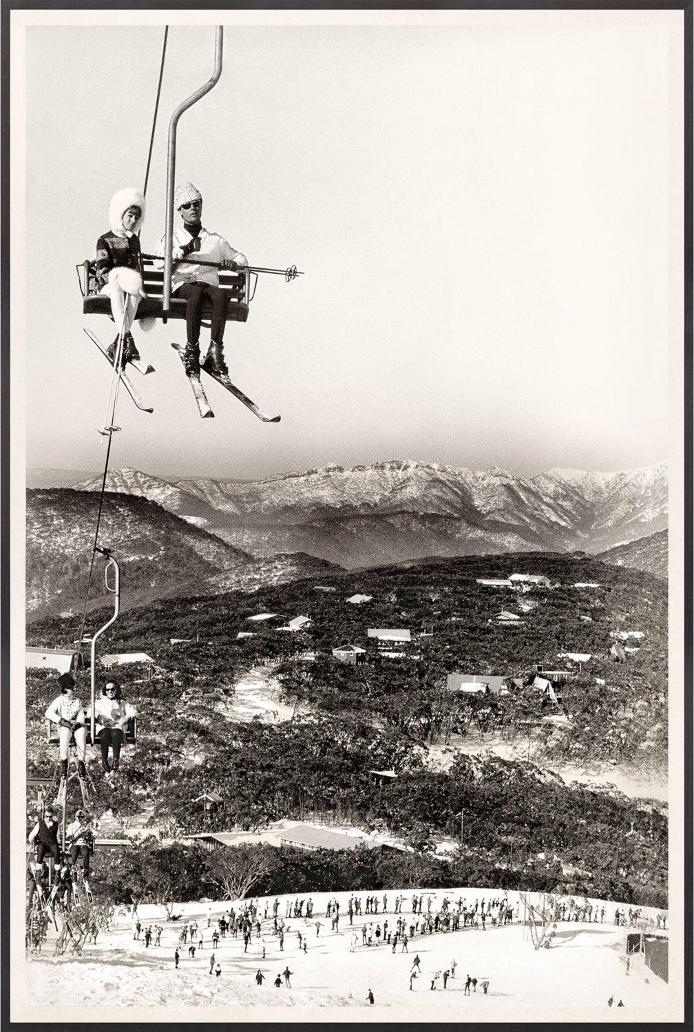 Ski Vacation I wall art featuring a vintage ski lift scene with skiers and snow-covered mountains.