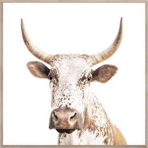 Nguni wall art featuring a close-up of a spotted cow's face with prominent horns.