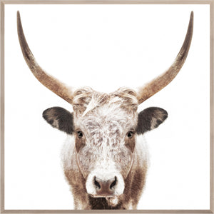 Watusi wall art featuring a close-up of a longhorn cow with light brown fur and prominent horns.