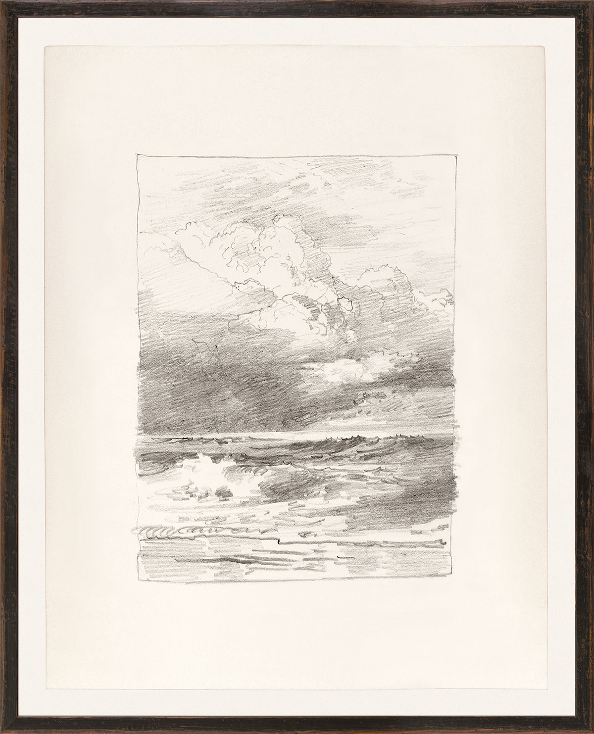 Folio Study – Sea I, C. 1878 by Celadon, detailed sketch of ocean waves and clouds in grayscale.
