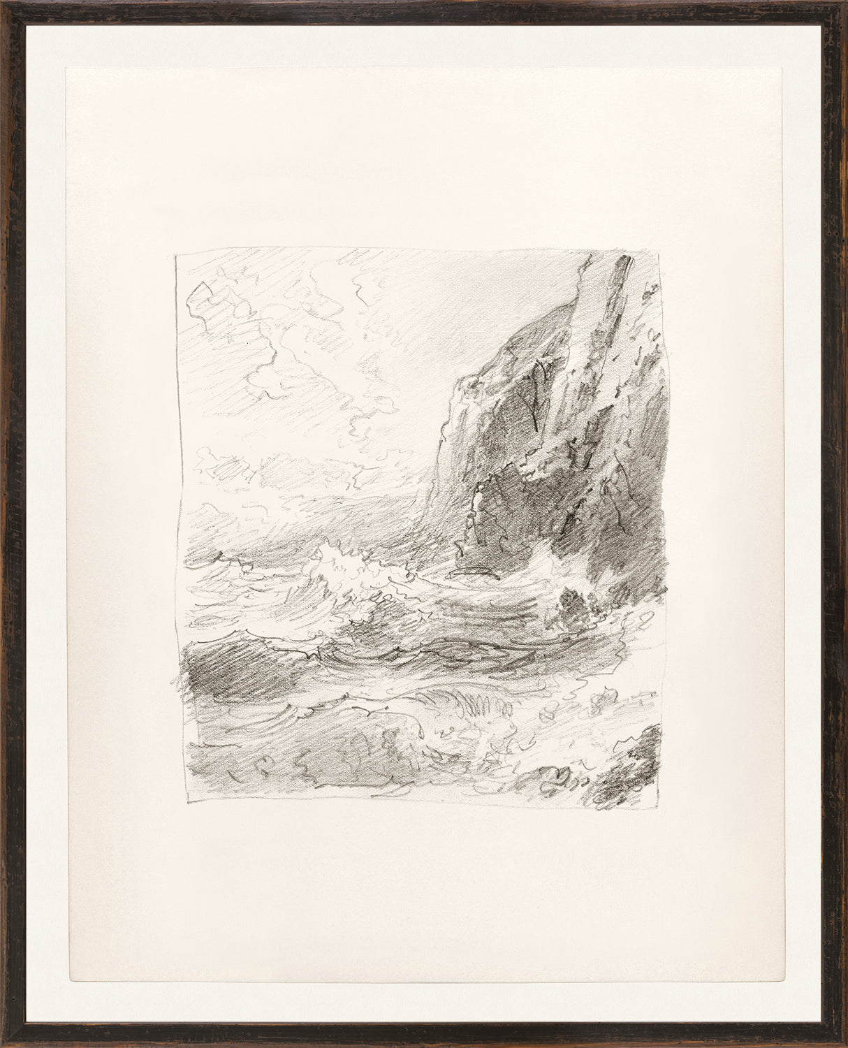 Folio Study – High Cliff I, C. 1878 by Celadon, pencil sketch of rocky cliff and ocean waves