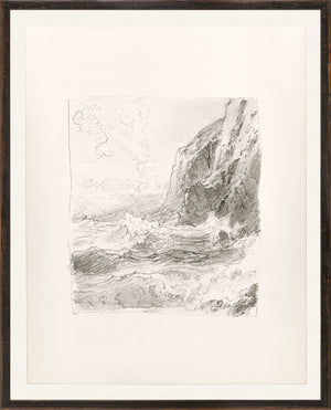 Folio Study – High Cliff I, C. 1878 by Celadon, pencil sketch of rocky cliff and ocean waves