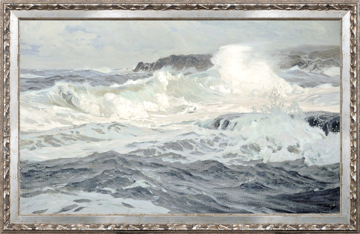 Petite Scapes – Southwesterly Gale C. 1907 wall art featuring turbulent ocean waves in shades of blue and white.
