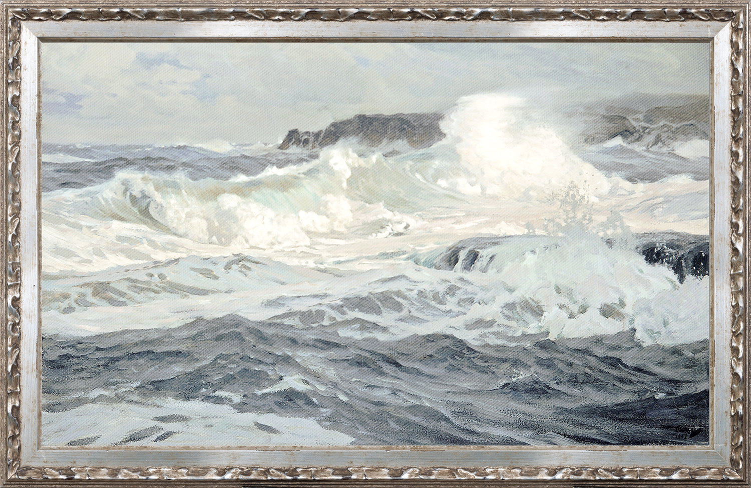 Petite Scapes – Southwesterly Gale C. 1907 wall art featuring turbulent ocean waves in shades of blue and white.