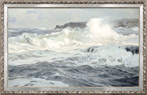 Petite Scapes – Southwesterly Gale C. 1907 wall art featuring turbulent ocean waves in shades of blue and white.