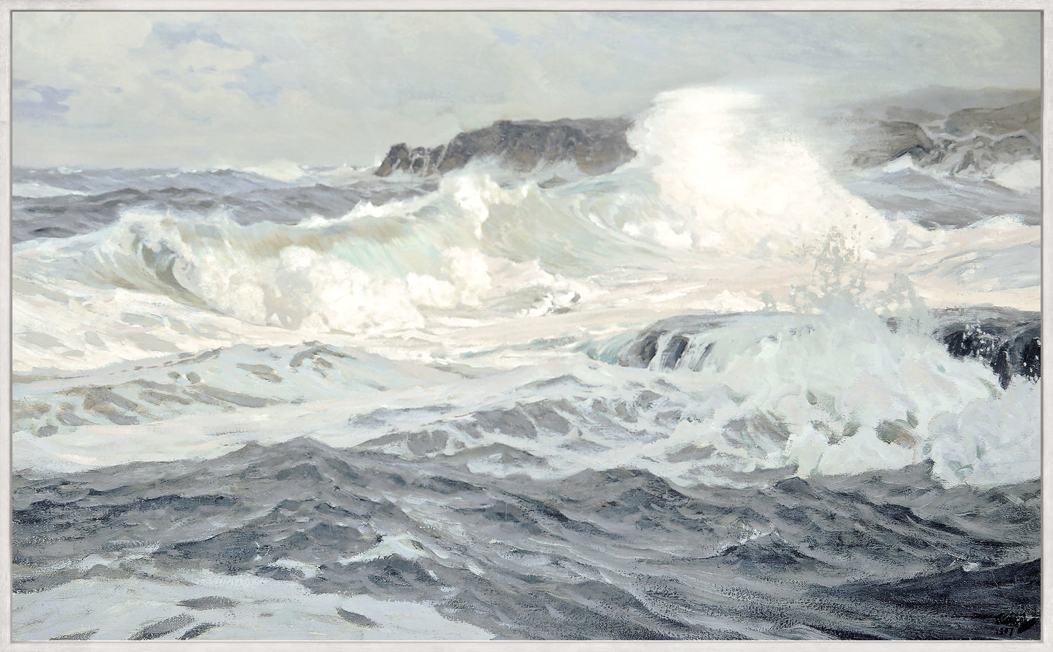 Southwesterly Gale C. 1907 wall art featuring turbulent ocean waves and rocky coastline