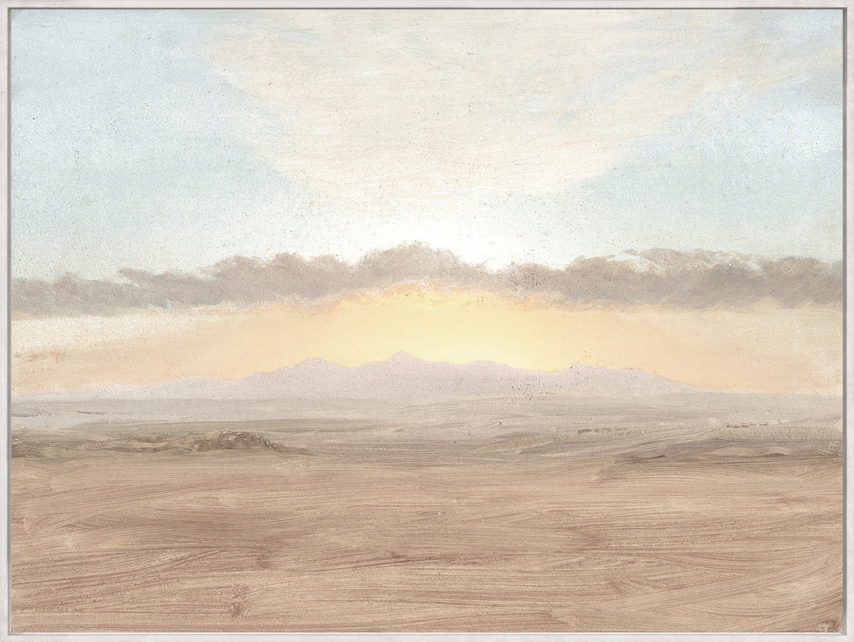 Sunset Study C. 1865 wall art featuring a serene sunset over mountains with soft pastel colors.