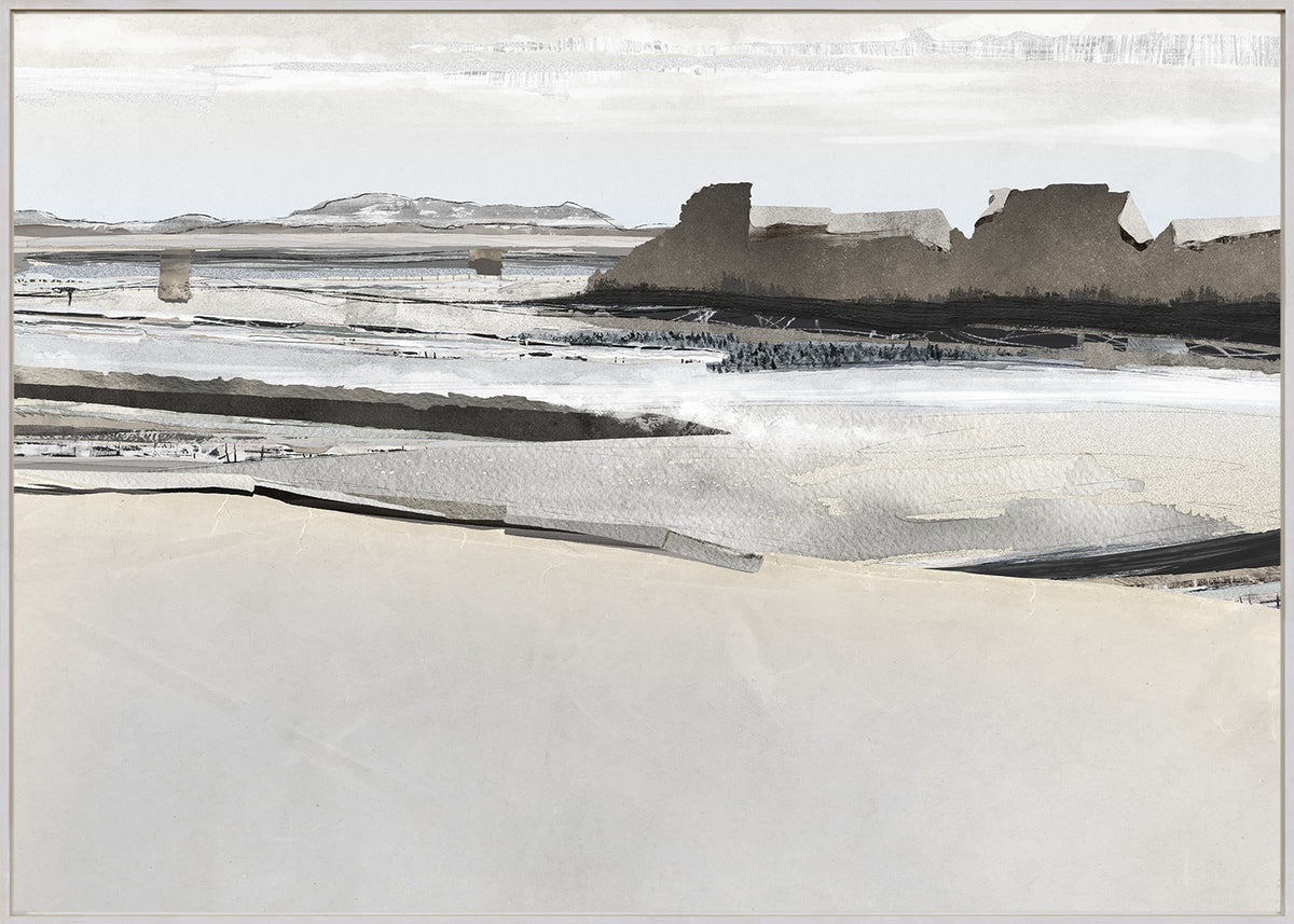 Decoupage Horizon I wall art featuring a monochromatic landscape with gray tones and abstract forms.