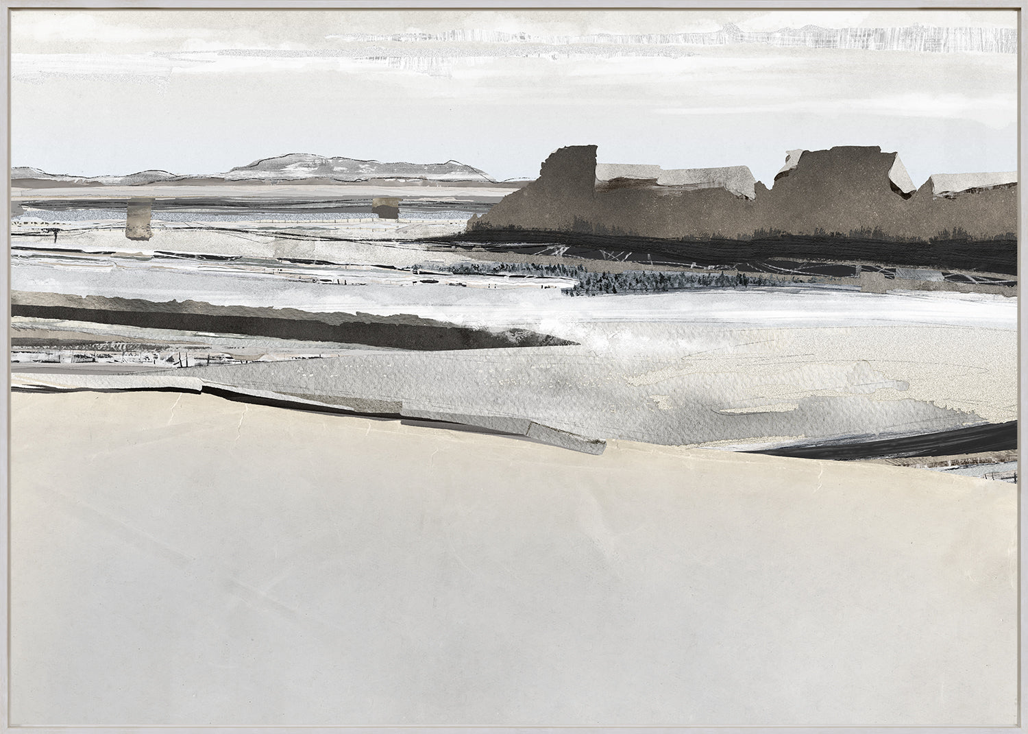 Decoupage Horizon I wall art featuring a monochromatic landscape with gray tones and abstract forms.