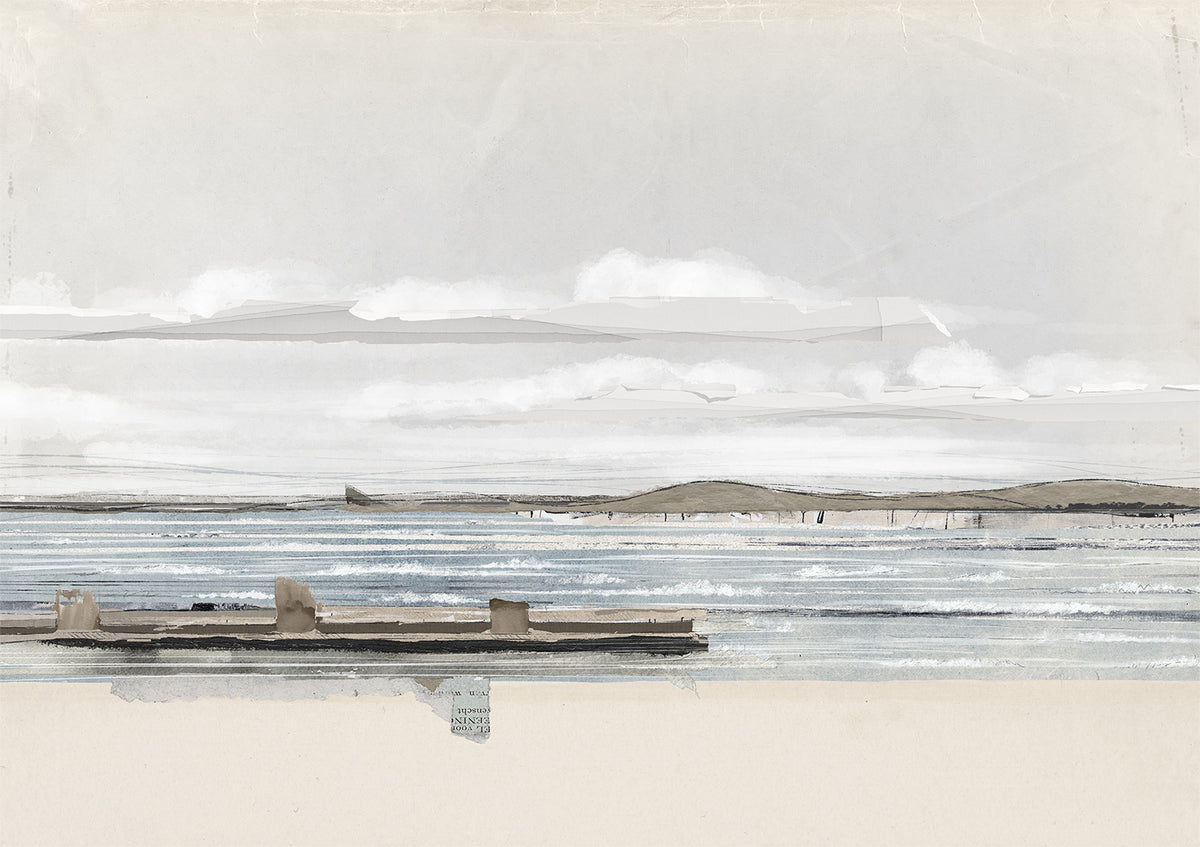 Decoupage Horizon II featuring a serene landscape with soft gray and blue tones, depicting water and distant hills.