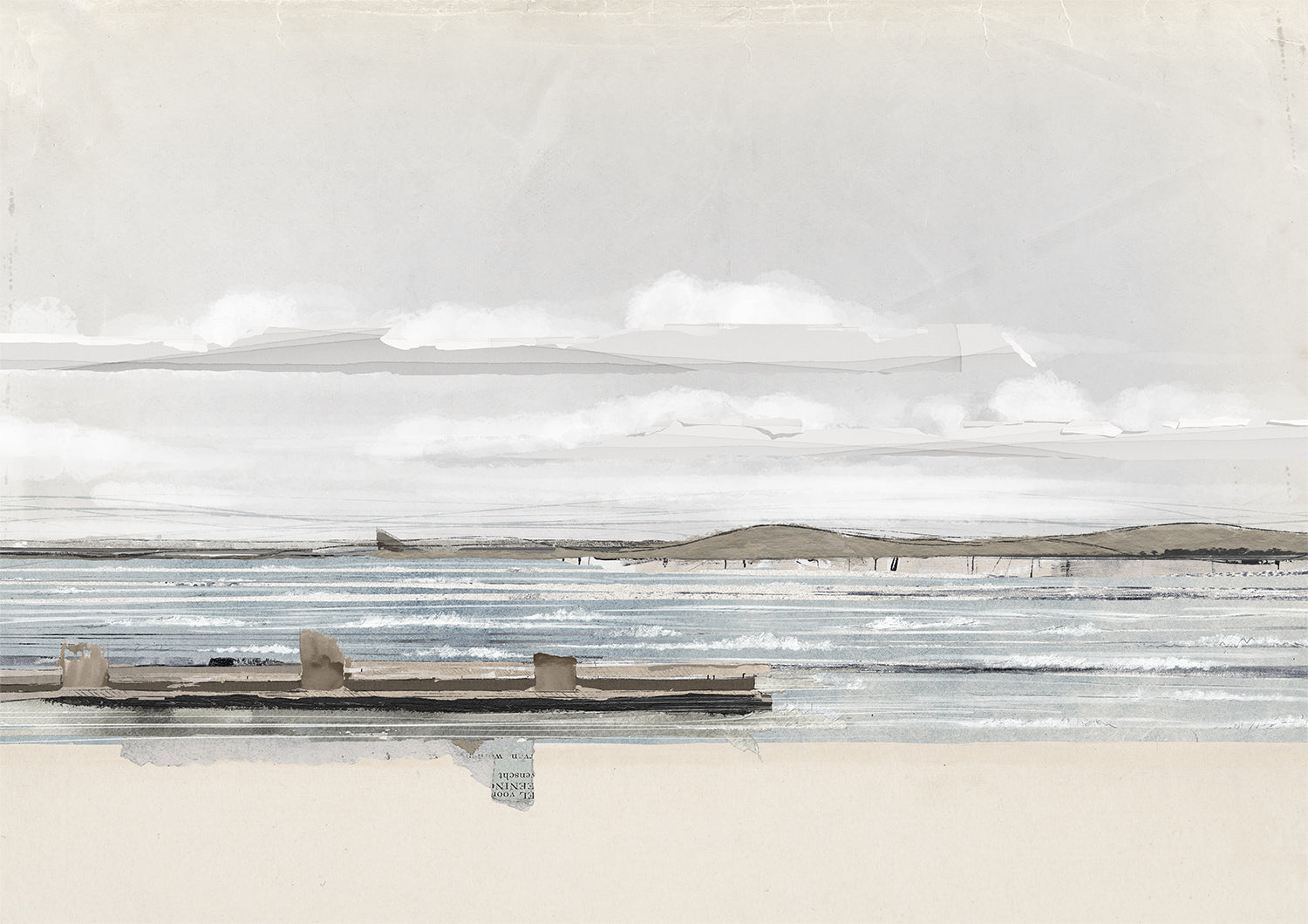 Decoupage Horizon II featuring a serene landscape with soft gray and blue tones, depicting water and distant hills.