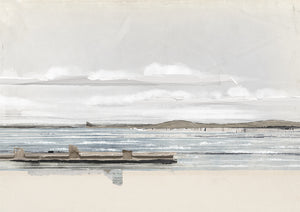 Decoupage Horizon II featuring a serene landscape with soft gray and blue tones, depicting water and distant hills.