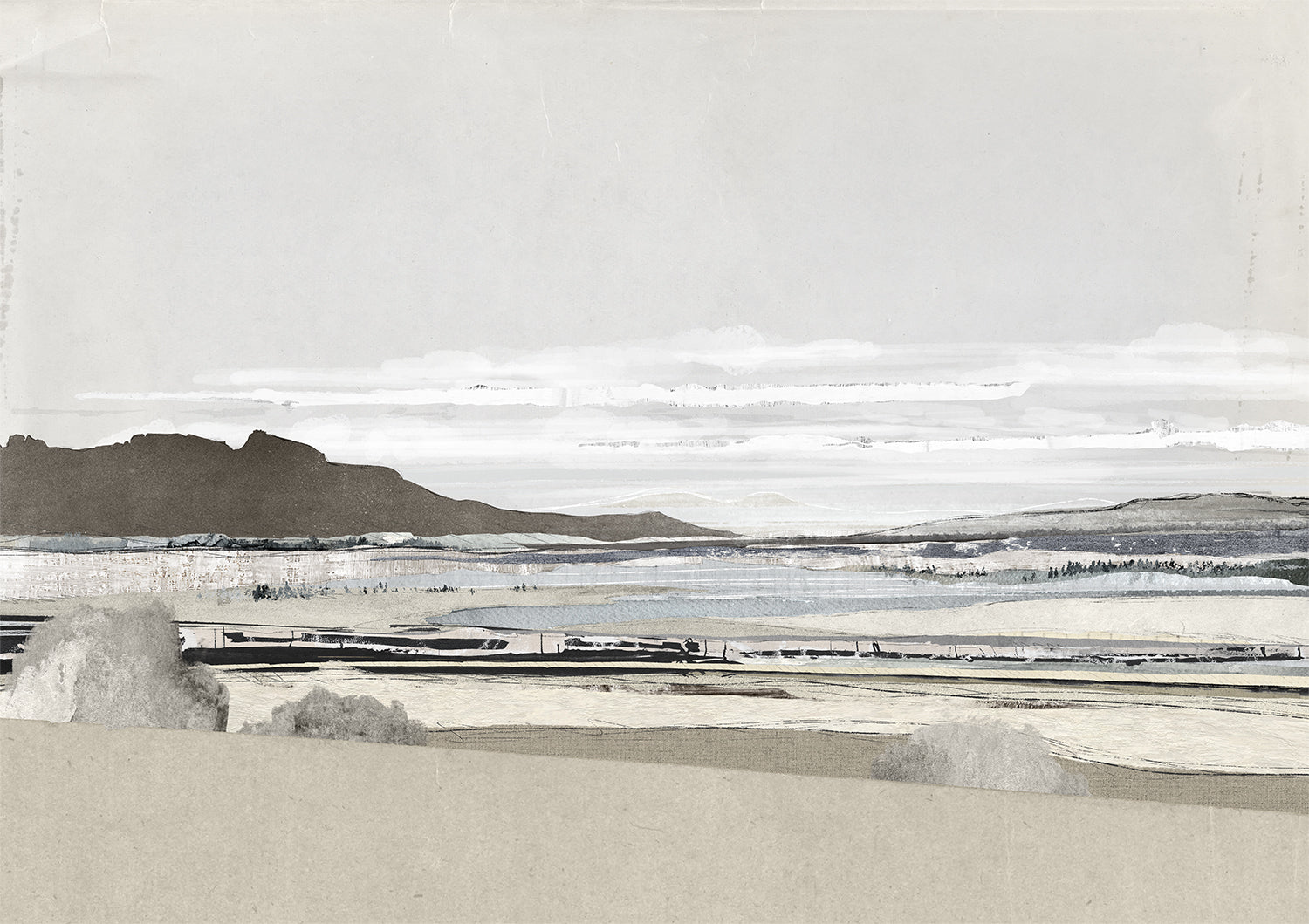 Decoupage Horizon III features a muted landscape with gray mountains, soft clouds, and a serene water body, showcasing a minimalist style.