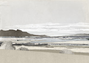 Decoupage Horizon III features a muted landscape with gray mountains, soft clouds, and a serene water body, showcasing a minimalist style.
