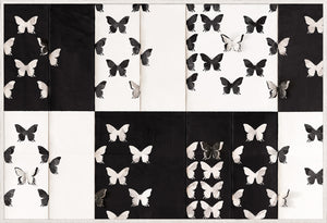 Mariposa wall art featuring black and white butterfly patterns on a textured background.