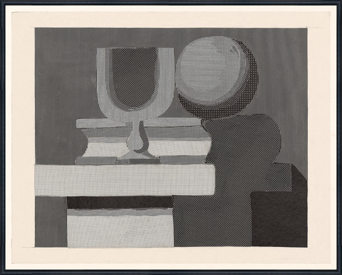 Architect’s Still Life wall art featuring abstract shapes in black and white, including a cup and sphere.
