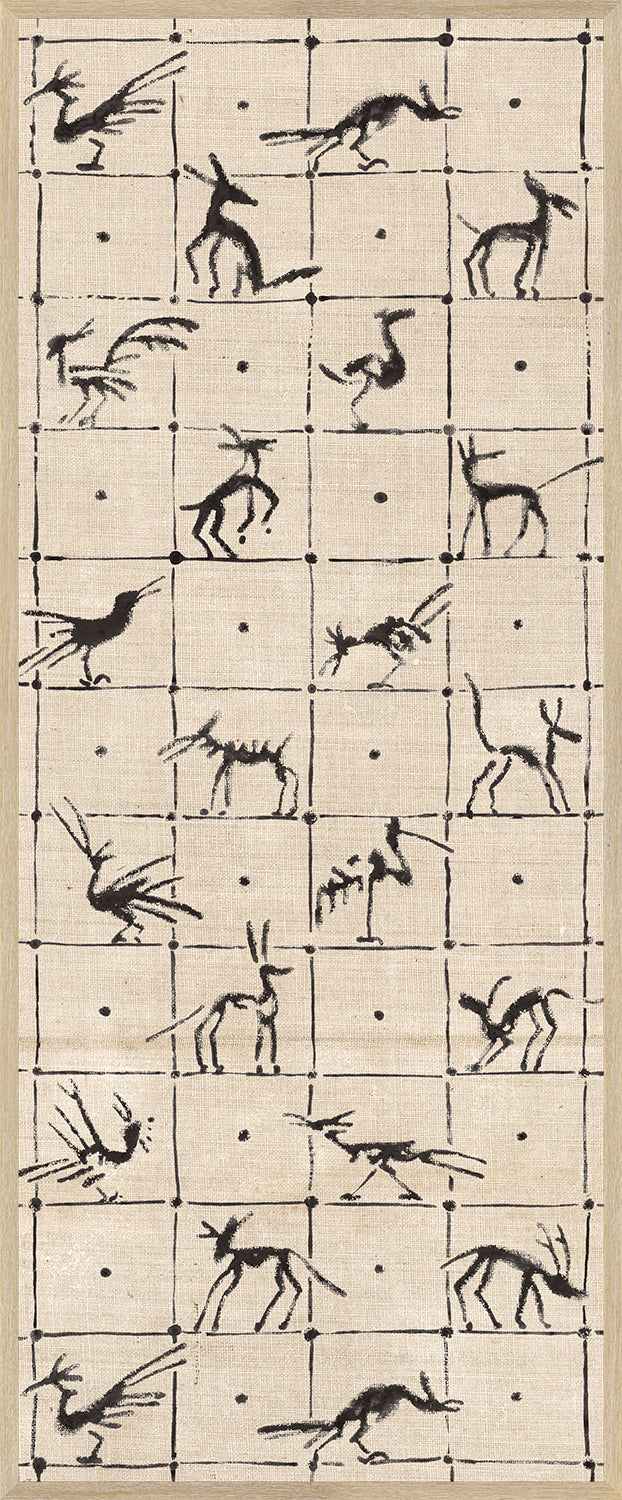 Menagerie Panel II wall art featuring black animal silhouettes on a beige background.